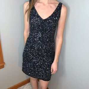 THEIA Sequin Formal Short Bodycon Dress Navy